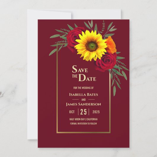 Burgund Gold Sonnenblumen Rote Rose Hochzeit Rette Save The Date (Vorderseite)
