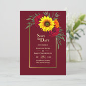 Burgund Gold Sonnenblumen Rote Rose Hochzeit Rette Save The Date (Stehend Vorderseite)