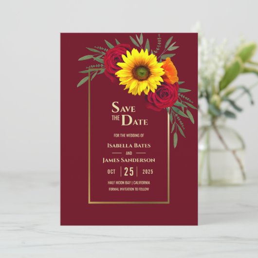 Burgund Gold Sonnenblumen Rote Rose Hochzeit Rette Save The Date (Stehend Vorderseite)