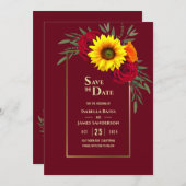 Burgund Gold Sonnenblumen Rote Rose Hochzeit Rette Save The Date (Vorne/Hinten)