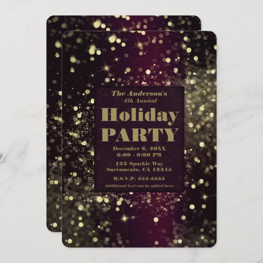 Burgund Gold Sparkling Lights Glam Holiday Party Einladung (Vorne/Hinten)