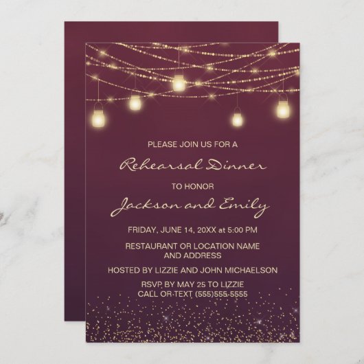 Burgund Gold String Lights Probe Dinner Einladung (Vorne/Hinten)