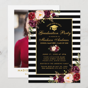 Burgund Gold Striped Graduation Party Foto zurück Einladung