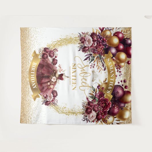 Burgund Gold Sweet 16 Backdrop Wasserfarbe Glitzer Wandteppich (Vorderseite (Horizontal))