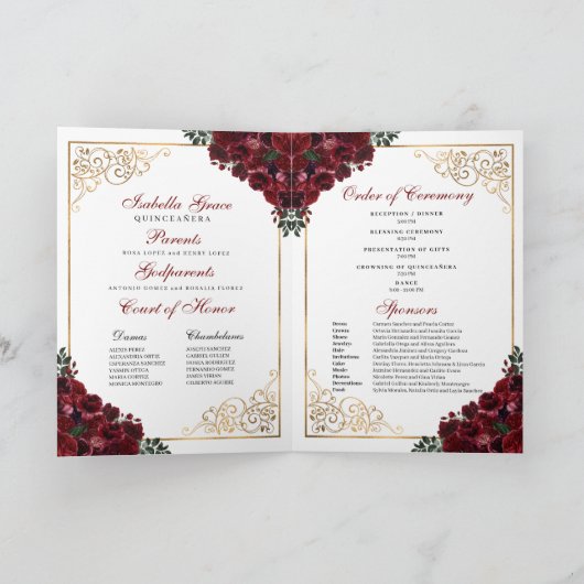 Burgund & Gold Tiara Quinceanera Programm (Innenseite)