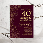 Burgund Gold Überraschung 40. Geburtstag Party Einladung<br><div class="desc">Burgund Gold Floral Überraschung 40. Geburtstag Party Einladung. Minimalistisches modernes Maroon-Design mit botanischen Akzenten und Typografie-Script-Schriftart. Einfache florale Einladungskarte perfekt für eine stilvolle weibliche Überraschung am Tag. Kann für jedes Alter angepasst werden.</div>