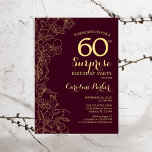 Burgund Gold Überraschung 60. Geburtstagsparty Einladung<br><div class="desc">Burgund Gold Floral Überraschung 60. Geburtstag Party Einladung. Minimalistisches modernes Maroon-Design mit botanischen Akzenten und Typografie-Script-Schriftart. Einfache florale Einladungskarte perfekt für eine stilvolle weibliche Überraschung am Tag. Kann für jedes Alter angepasst werden.</div>