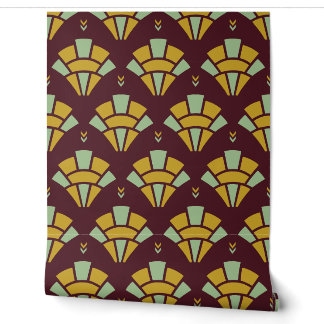 Burgund, Gold und Salbei Art Deco Bogenfächer Tapete