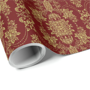 Burgund & Gold Vintage BarockDamasken Geschenkpapier