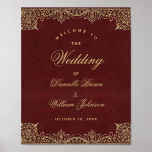 Burgund Gold Vintage Script Hochzeits Willkommenss Poster