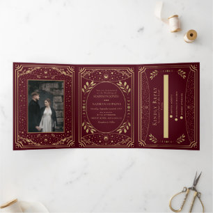 Burgund Gold Vintage Tarot Gothic Hochzeit Dreifach Gefaltete Einladung