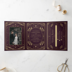 Burgund Gold Vintage Tarot Gothic Hochzeit Dreifach Gefaltete Einladung