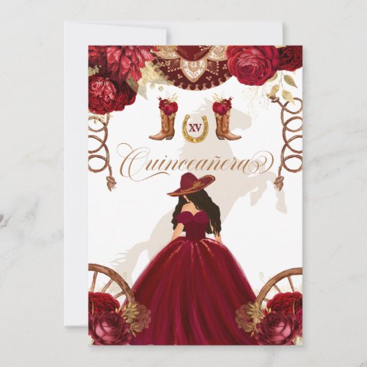 Burgund Gold Western Charro 2-seitige Quinceanera Einladung (Vorderseite)