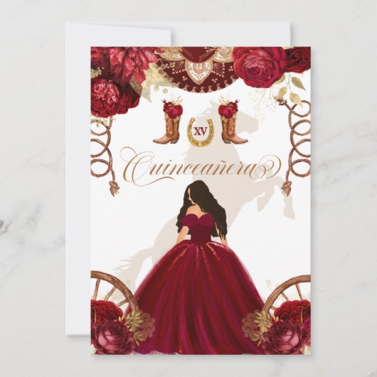 Burgund Gold Western Charro 2-seitige Quinceanera Einladung (Vorderseite)