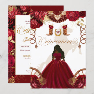 Burgund Gold Western Charro 2-seitige Quinceanera Einladung