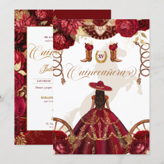 Burgund Gold Western Charro 2-seitige Quinceañera Einladung