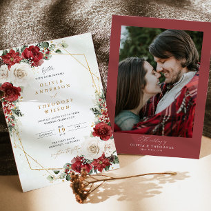 Burgund Gold Winter Floral Foto Rückseite Hochzeit Einladung