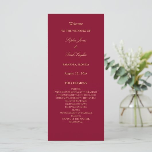 Burgund Golden Beige Hochzeitsprogramm (Stehend Vorderseite)