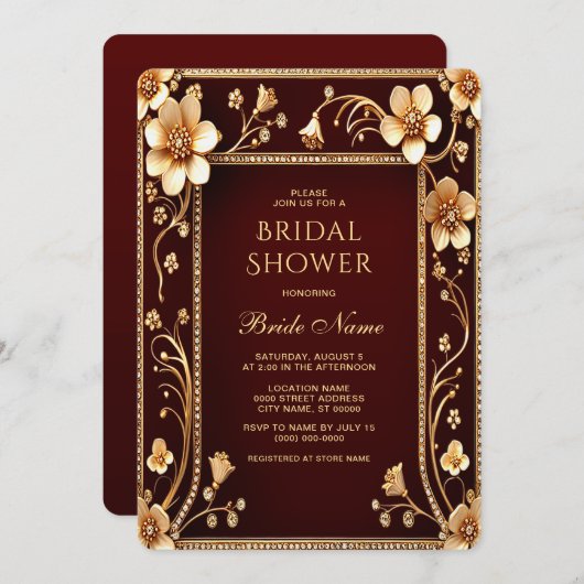 Burgund Golden Blume Bridal Dusche Einladung (Vorne/Hinten)