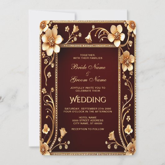 Burgund Golden Blume Hochzeit Einladung (Vorderseite)