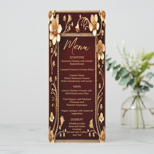 Burgund Golden Blume Hochzeitmenü Menükarte (Stehend Vorderseite)