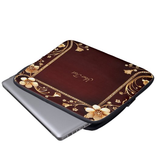Burgund Golden Blume Laptop-Sieb Laptopschutzhülle (Vorne Knopf)