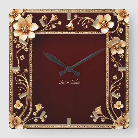 Burgund Golden Blume Wall Clock Quadratische Wanduhr (Vorderseite)