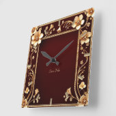 Burgund Golden Blume Wall Clock Quadratische Wanduhr (Winkel)