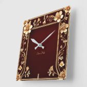 Burgund Golden Blume Wall Clock Quadratische Wanduhr (Winkel)