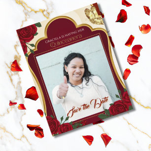 Burgund & Goldene Rose Quinceañera Save the Date Postkarte
