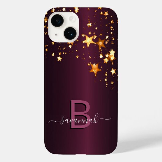 Burgund goldene Sterne Monogramm Name elegant Case-Mate iPhone Hülle (Rückseite)