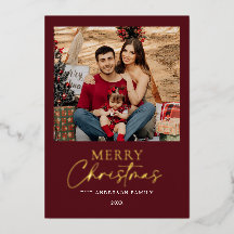 Burgund Goldfolie Frohe Weihnachten Familienfoto