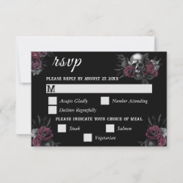 Burgund Gothic Floral Skull Wedding RSVP Card