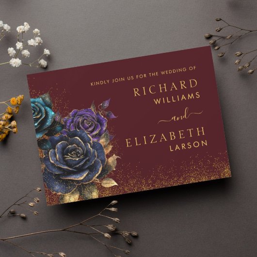 Burgund Gothic Rose Glitzer Hochzeitseinladung Einladung