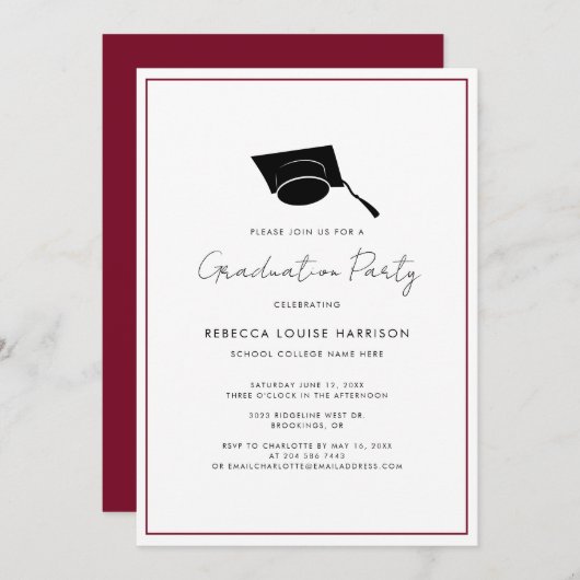 Burgund Graduate Cap Simple 2024 Graduation Party Einladung (Vorne/Hinten)