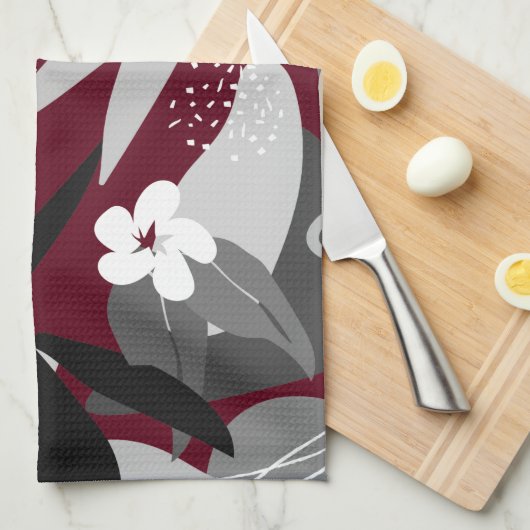 Burgund & Grau Modernes tropisches Leaf-Muster Geschirrtuch (Viertel Falte)