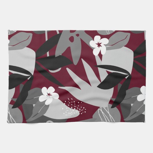 Burgund & Grau Modernes tropisches Leaf-Muster Geschirrtuch (Horizontal)