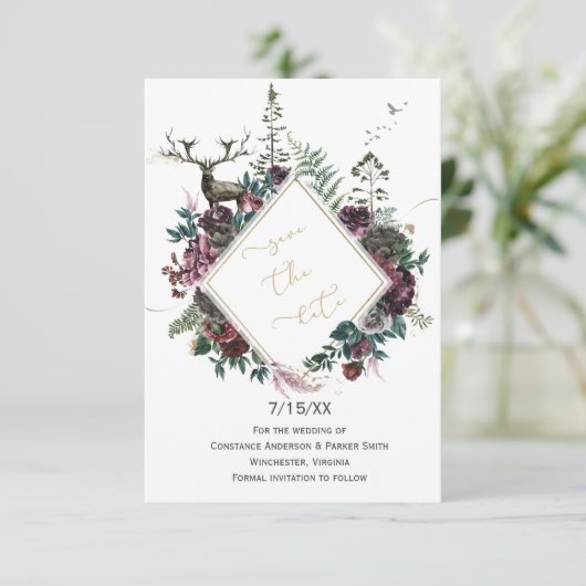 Burgund & Graue Blüte mit Hirsch Save the Date (Stehend Vorderseite)