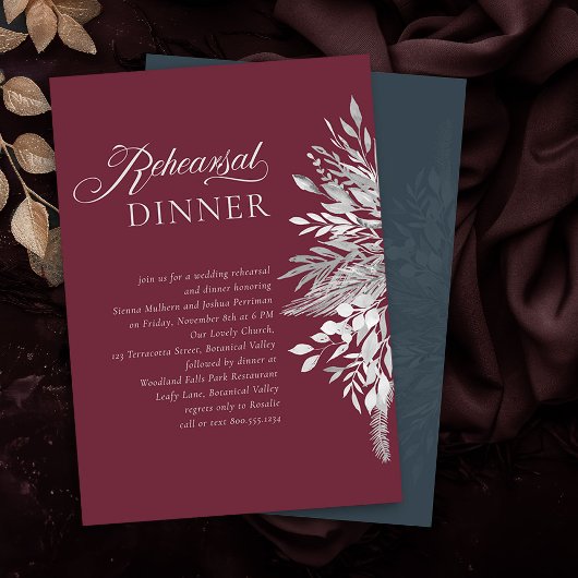 Burgund Gray Botanical Wedding Probe Dinner Einladung