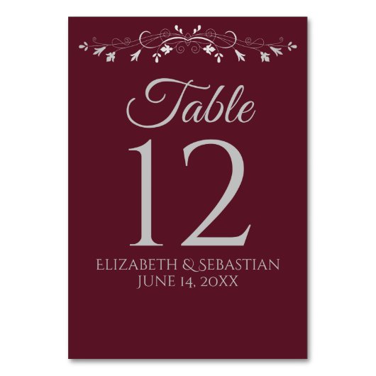 Burgund & Gray Einfache Hochzeit Tischnummer (Vorderseite)