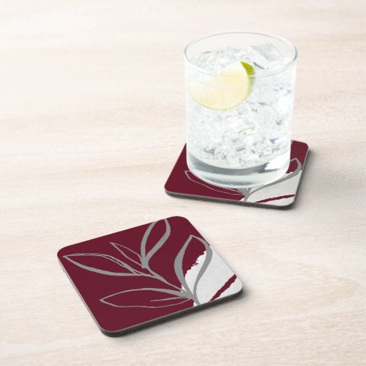 Burgund & Gray Minimalistische Aquarellfarben-Blät Getränkeuntersetzer (Rechte Seite)
