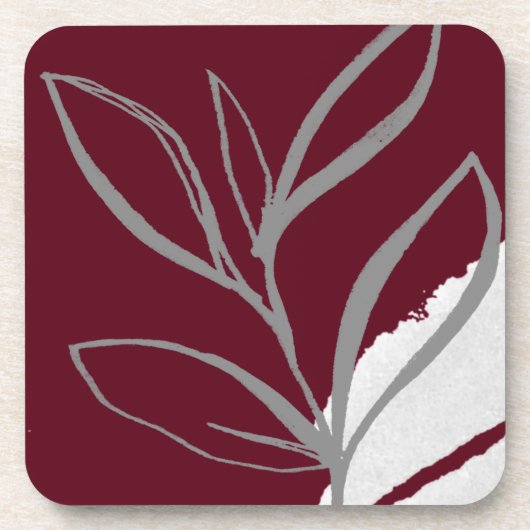 Burgund & Gray Minimalistische Aquarellfarben-Blät Getränkeuntersetzer (Vorderseite)