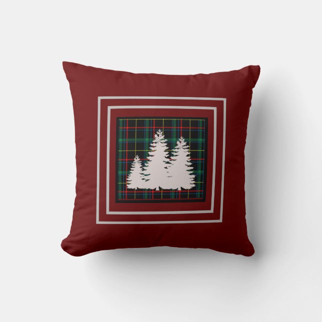Burgund Green Tartan Karierte Pine Tree Silhouette Kissen (Vorderseite)