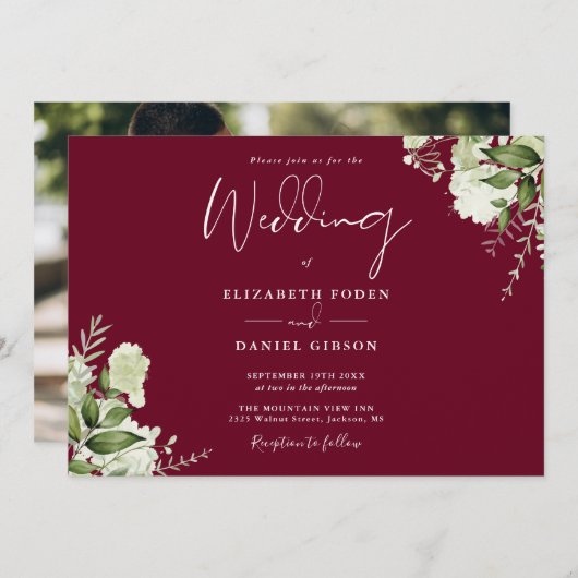 Burgund Greenery Foto Hochzeit Einladung (Vorne/Hinten)