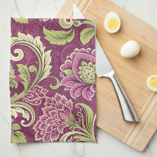 Burgund & Grün Floral Damast Geschirrtuch