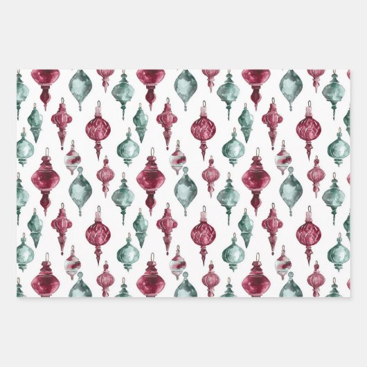 Burgund Grüne Weihnachtsschmuck Bäume Schneeflocke Geschenkpapier Set (Vorderseite)