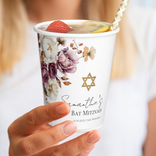 Burgund Herbst Fall Floral Bat Mitzvah Pappbecher