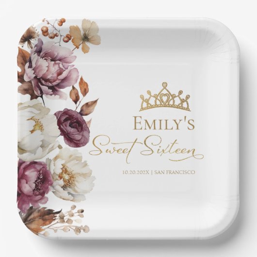 Burgund Herbst Herbst Blütensüß 16 Pappteller (Vorderseite)