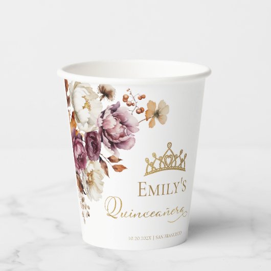 Burgund Herbst Herbst Floral Quinceanera Pappbecher (Vorderseite)