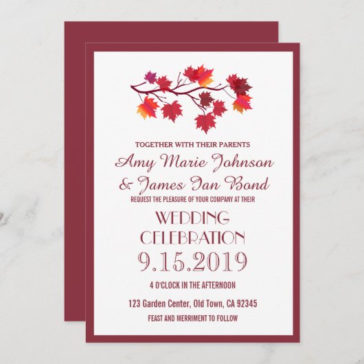 Burgund Herbst Herbstleaves Hochzeitskarten Einladung (Vorne/Hinten)